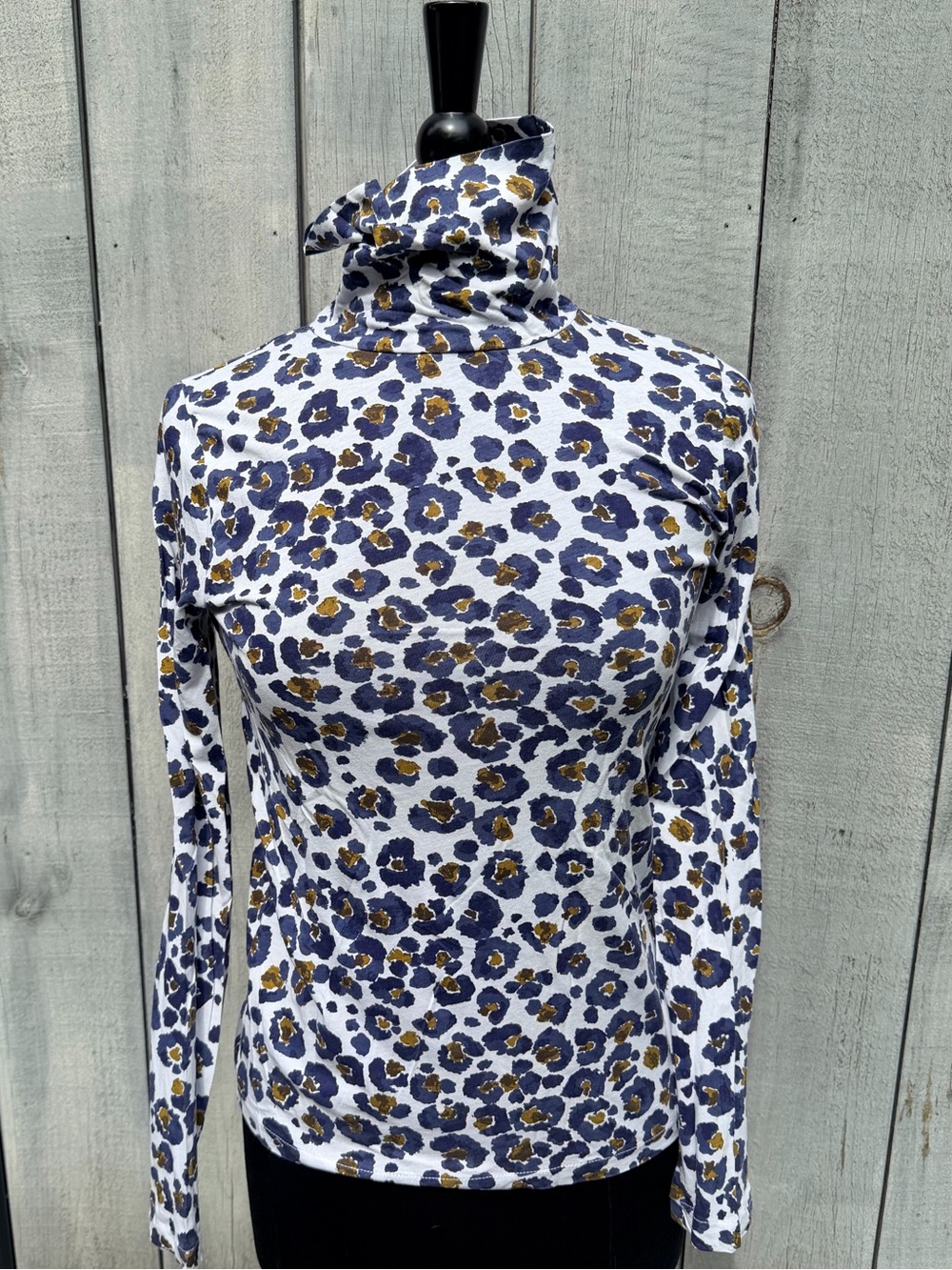J. Crew White Leopard-Print Turtleneck with Navy and Mustard Spots